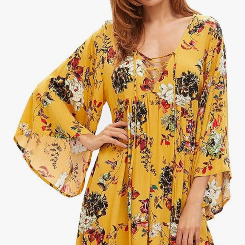 Floral Yellow Dress with Lace-Up Front - Picture 4 of 10